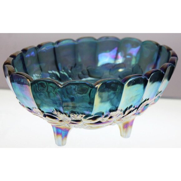 VTG Indiana Carnival Glass Blue Grapes Footed Harvest Fruit Bowl Iridescent - Picture 4 of 10